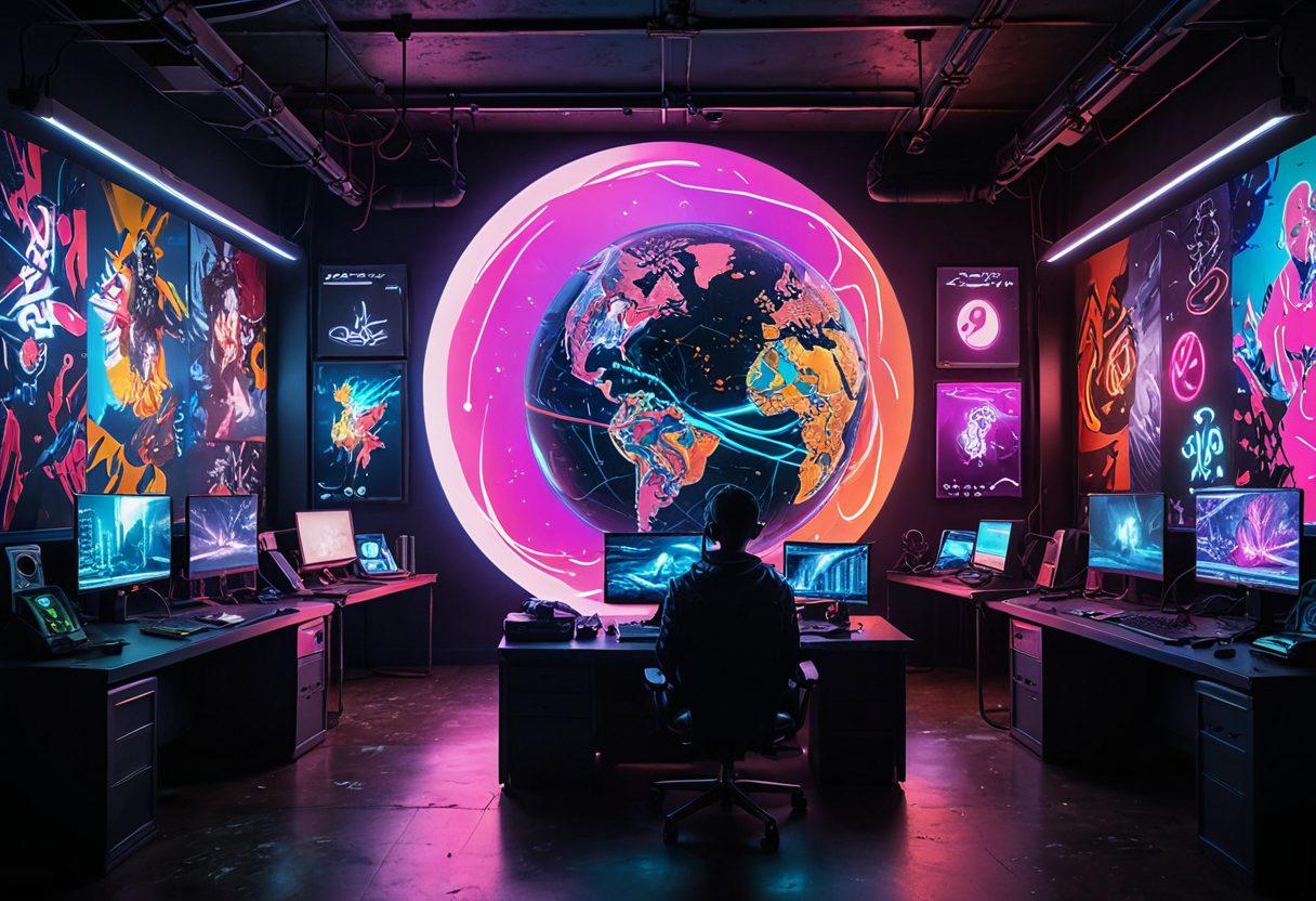 A surreal blend of artistic representations of adult animation and censorship, featuring a colorful animation studio backdrop filled with iconic anime characters partially obscured by abstract filters symbolizing censorship. Include contrasting elements of freedom and restriction, such as open spaces linked with shadows, and a globe symbolizing global access. Play with vivid colors and dynamic movement in the scene to invoke thought and intrigue. cyberpunk style. vibrant colors. super-realistic.